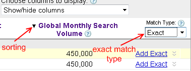Sort based on global search queries, Match type set to exact